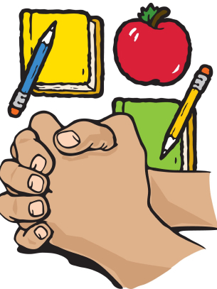 praying hands next to school supplies