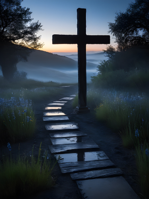cross next to a stone path